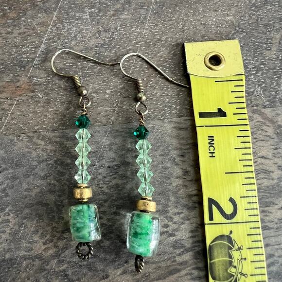 🍭6/$30 Emerald tone dangle drop handmade beaded green earrings with silver hooks - Picture 2 of 6